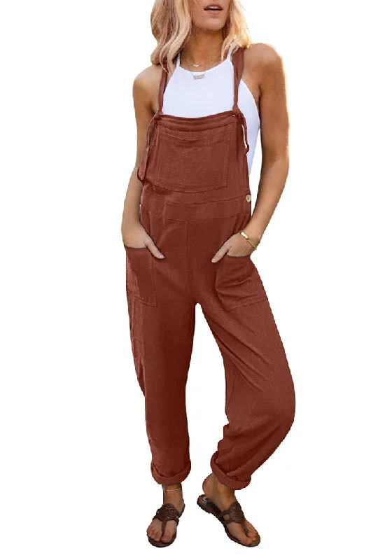 Rust Brown Women's Casual Baggy Linen Overall Summer Pockets Bib Overalls