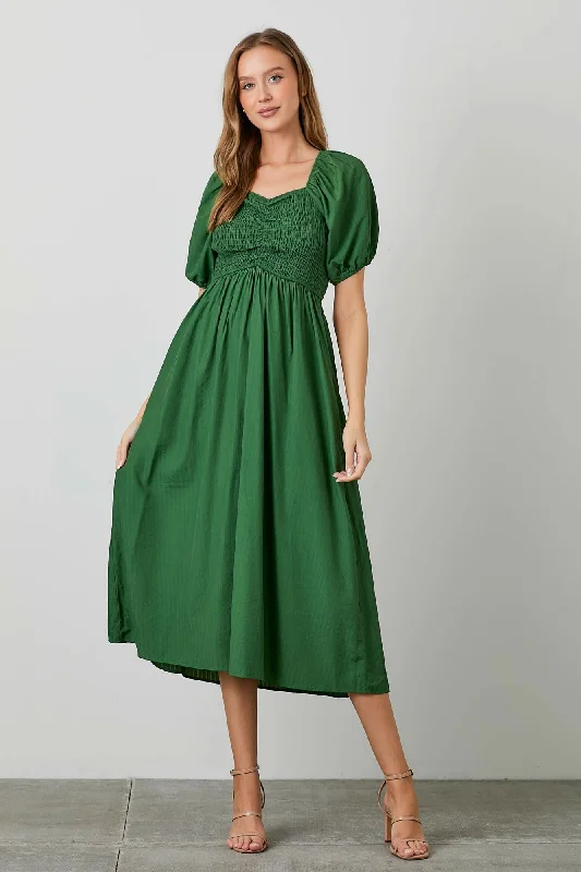 Green Smocked Cinched Bodice Midi Dress