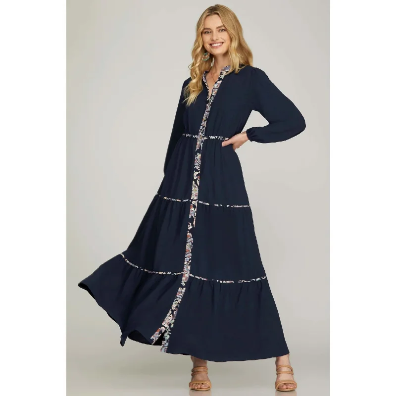 Navy Tiered Maxi Dress w_Printed Contrast Detail