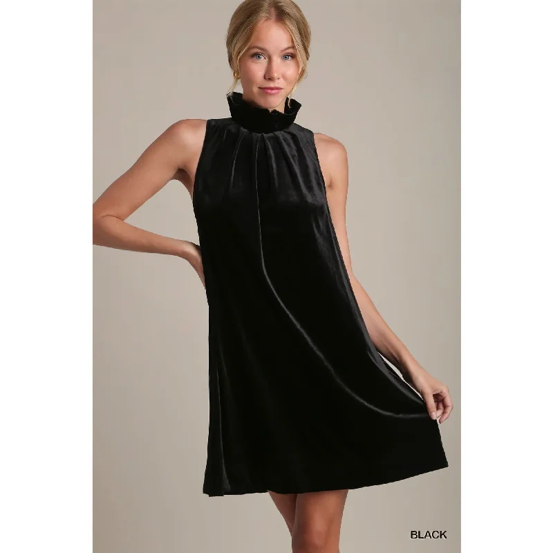 Black Velvet Ruffle Neck Halter Dress with Back Tie