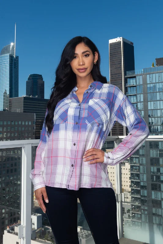 3/4 Roll Up  Sleeve Button Down Plaid Top W/Front Pockets (TPS-192)