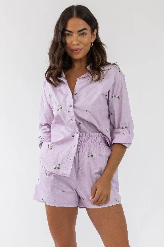 Daniella Lilac Floral Embroidered Poplin Top - Final Sale