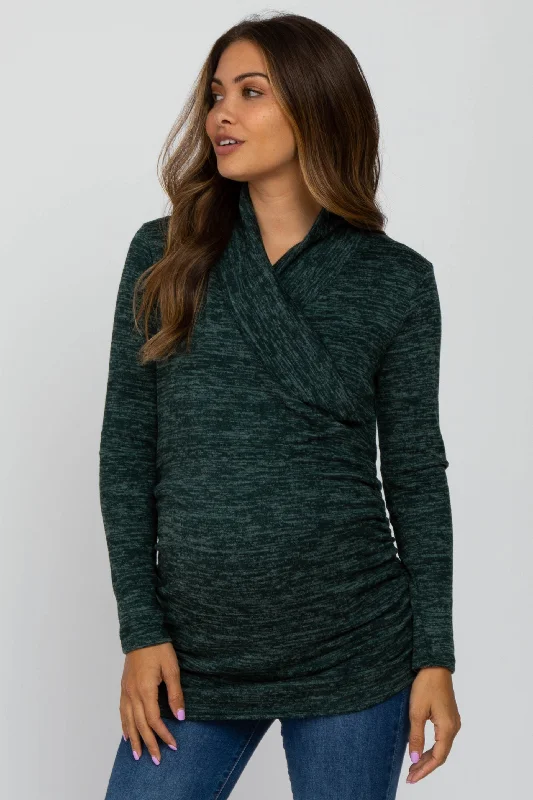 Green Soft Heathered Draped Wrap Maternity/Nursing Top