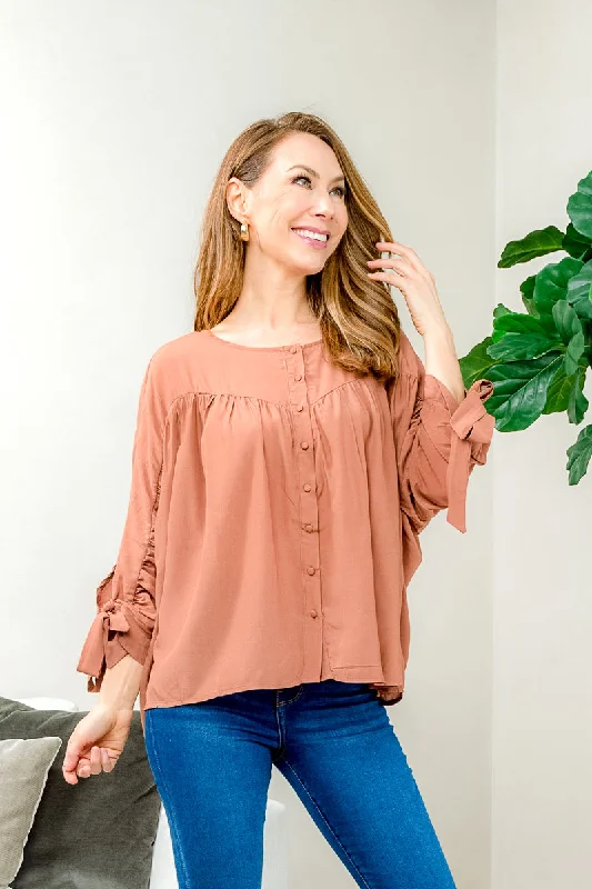 'Cozy Casual' Long Balloon Sleeve Oversized Button Down Blouse with Sash Tie Cuffs* (L3179C)