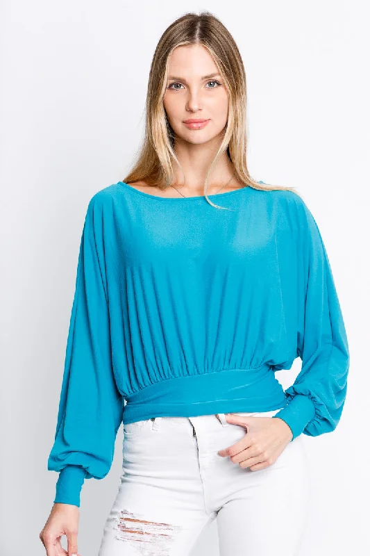 Long Cuff Sleeve Boat Neck Top in Teal (FL19H454)