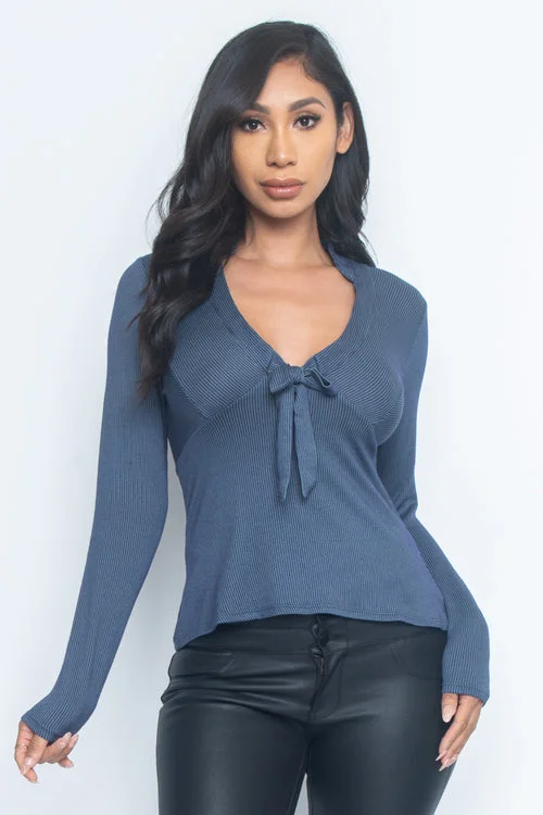 Long sleeve V-Neck Striped Top With Front Bow Tie (MT3657)