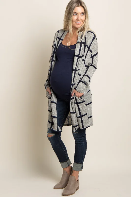 PinkBlush Grey Plaid Long Knit Maternity Cardigan