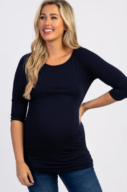 PinkBlush Navy Blue Basic Ruched Fitted Maternity Top