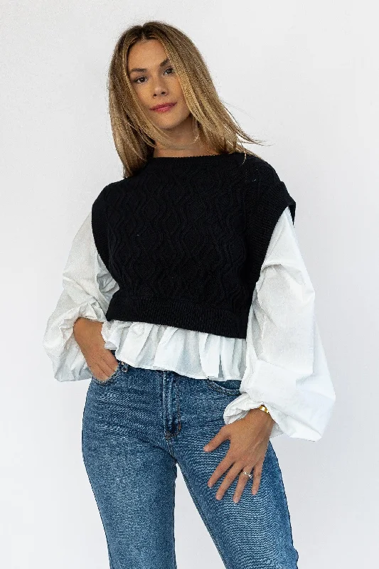 Reeve Black Sweater Poplin Top - Final Sale