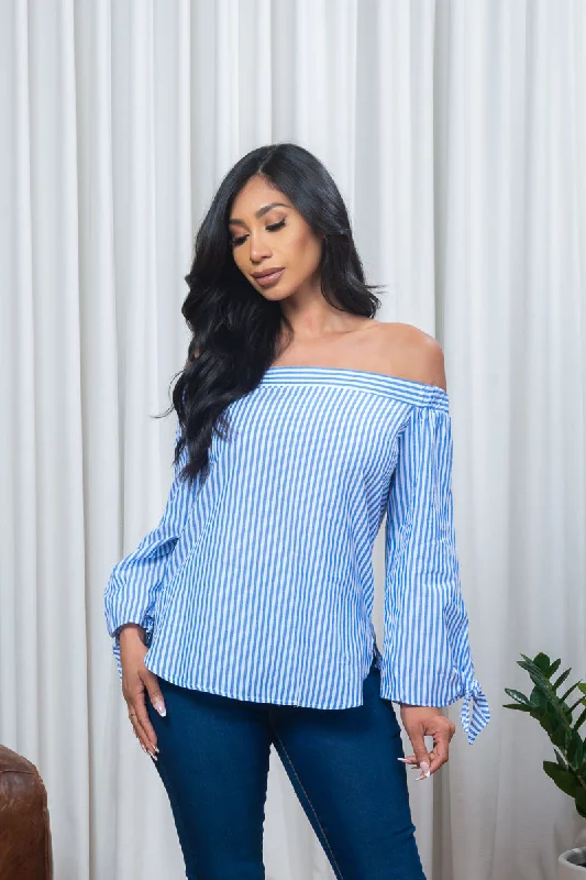 Off Shoulder Striped Long Sleeve Top with Tie Cuffs in Blue & White (171146)