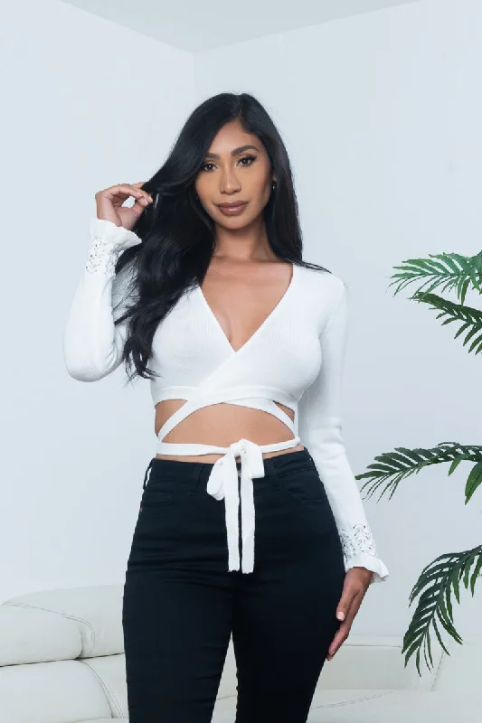 'Classy Chic'Knit Surplice Wrap Crop Top with Extended Waist Ties and Lettuce Hem Cuffed Long Sleeves in Off White (LT16628-FCI)