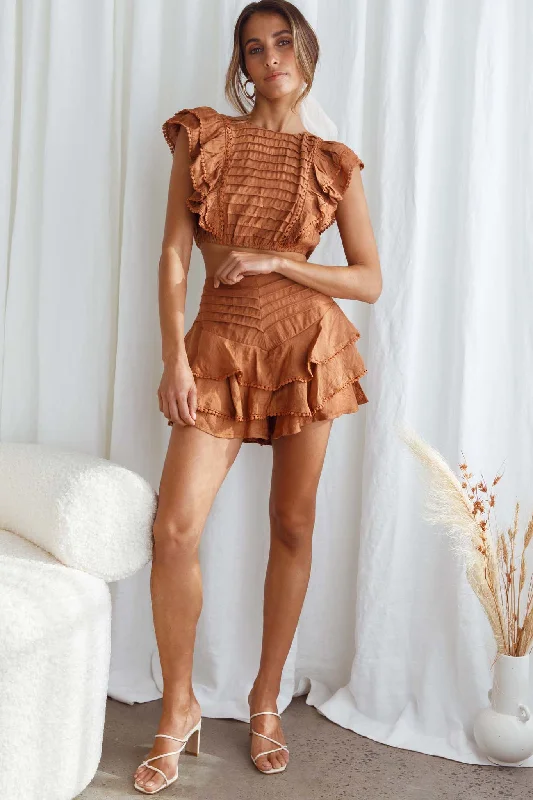 Wild And Free Pintuck Pleat And Layered Ruffle Shorts Tan