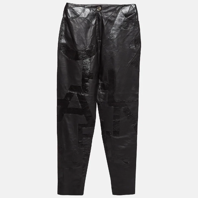 Chanel Black Leather Logo Patch Detail Pant