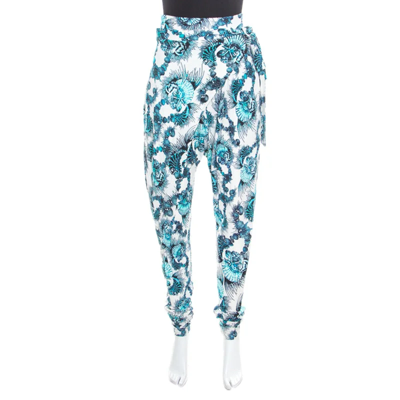 Just Cavalli White And Blue Shell Printed Draped Tie Detail Pants